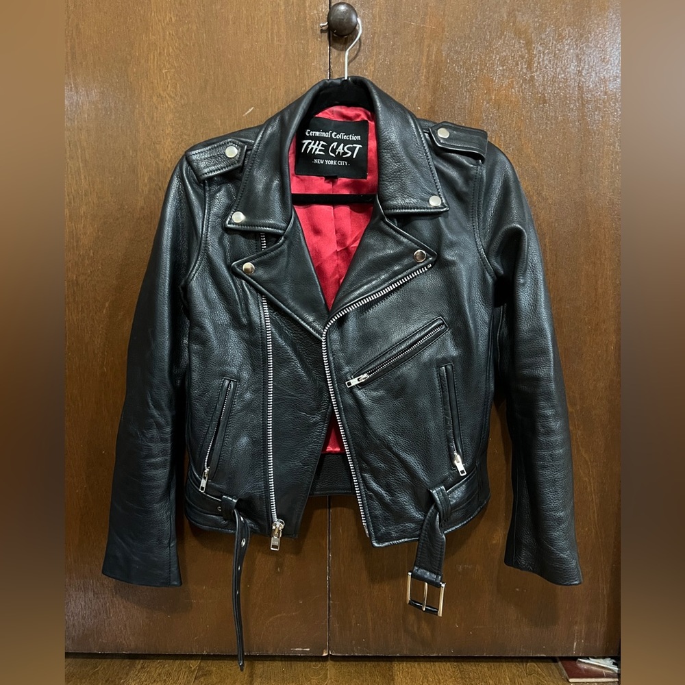 THE CAST NYC Terminal Bowery Women’s Black Leather Jacket with Red Satin Lining